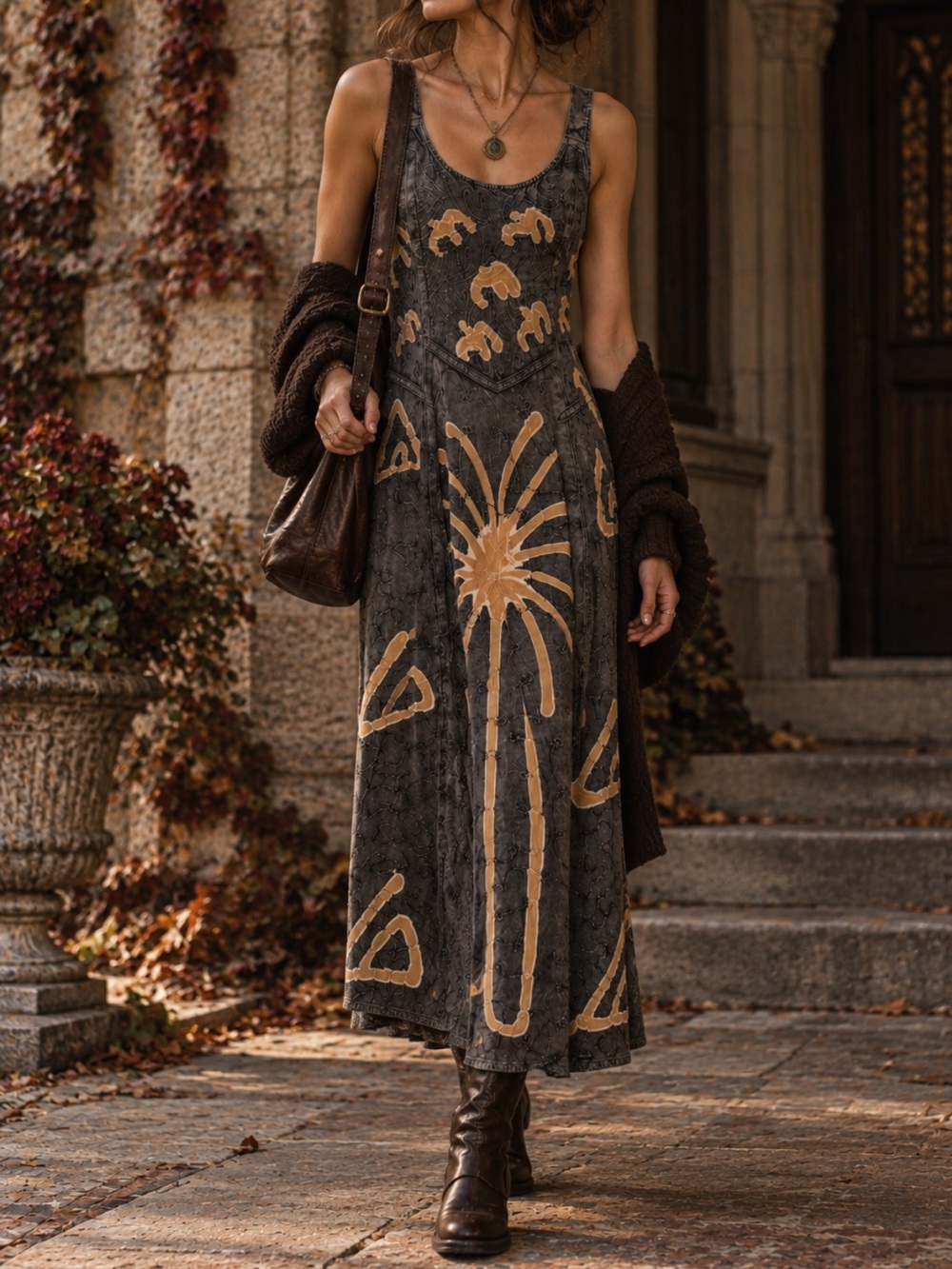 Magic Vintage Dark Romantic Boho Maxi Dress in Charcoal and Tan Palm Motif